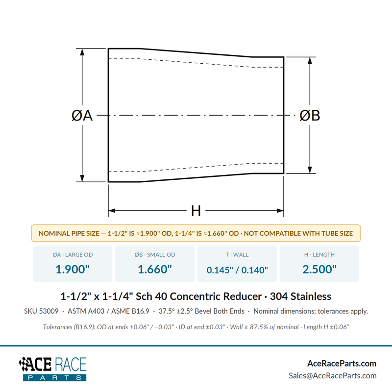 1-1/2" x 1-1/4" Schedule 40 Concentric Reducer 304 Stainless - Ace Race Parts
