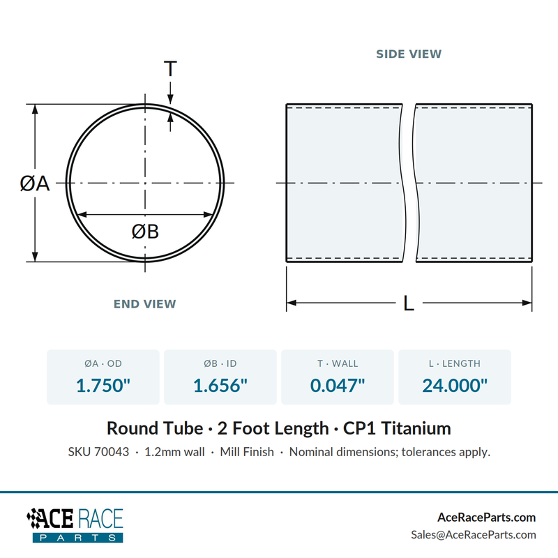 1.750" OD x 0.047" (1.2mm) Wall Tube CP1 Titanium - 2 Foot Length