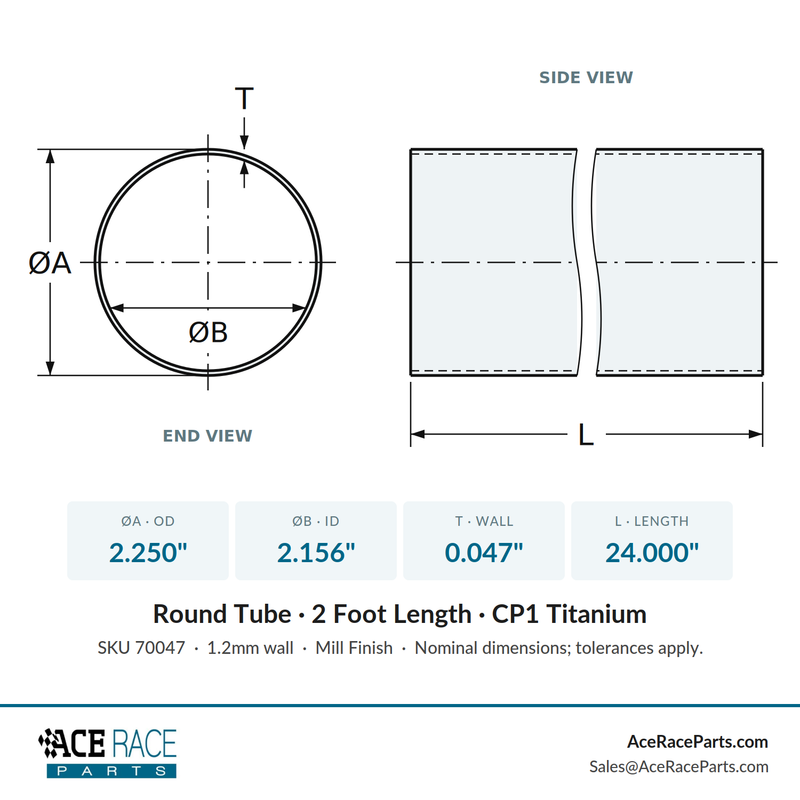 2.250" OD x 0.047" (1.2mm) Wall Tube CP1 Titanium - 2 Foot Length