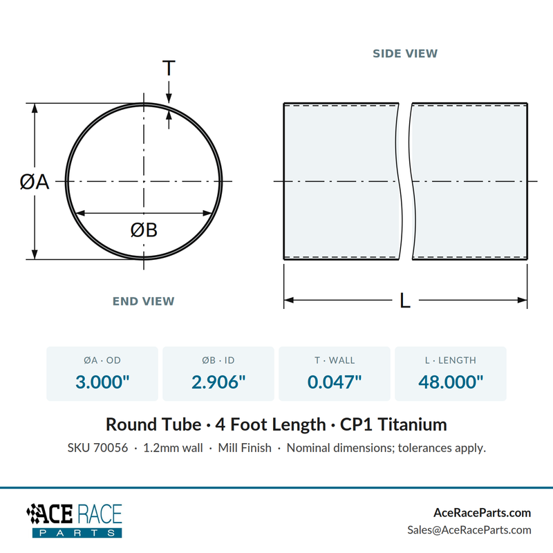 3.000" OD x 0.047" (1.2mm) Wall Tube CP1 Titanium - 4 Foot Length