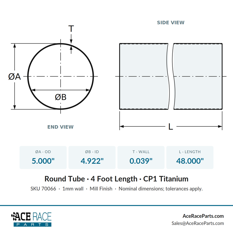 5.000" OD x 0.039" (1mm) Wall Tube CP1 Titanium - 4 Foot Length