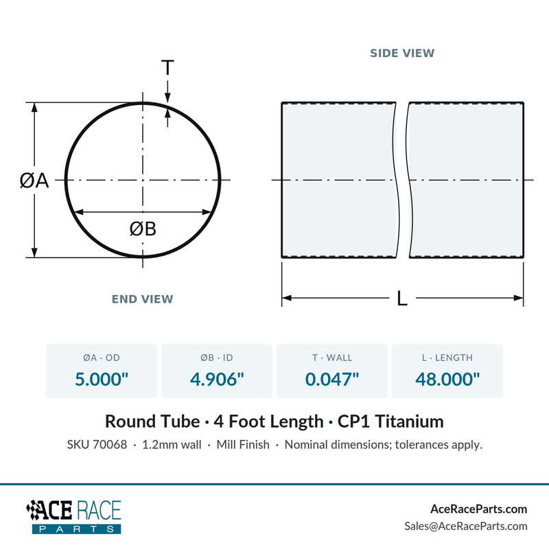 5.000" OD x 0.047" (1.2mm) Wall Tube CP1 Titanium - 4 Foot Length