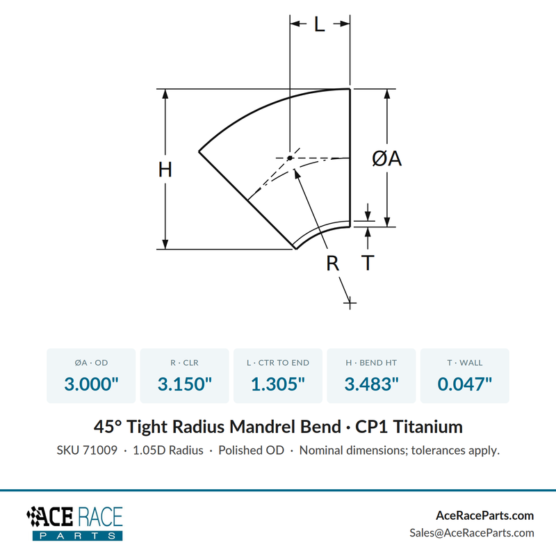 3.000" OD x 0.047" (1.2mm) Tight Radius 45° Mandrel Bend - (3.150" CLR) - CP1 Titanium