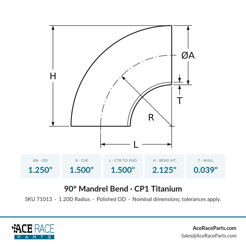 1.250" OD x 0.039" (1mm) 90° Mandrel Bend - (1.500" CLR) - CP1 Titanium