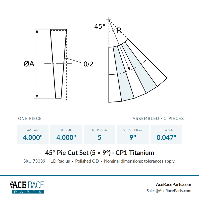 4.000" OD x 0.047" (1.2mm) Short Radius (1D) Pie Cut CP1 Titanium (45° Bend - 5 Pieces Total)