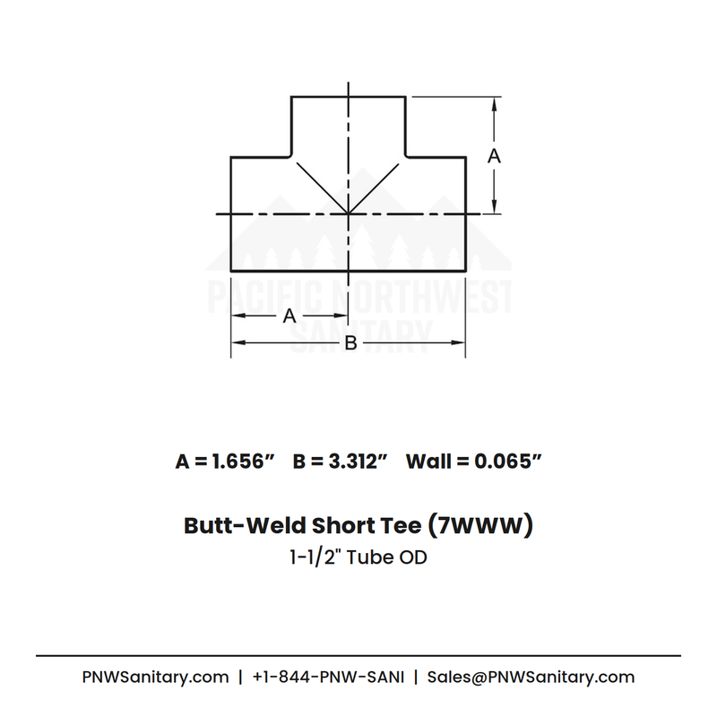 1.500" OD 16ga Short Tee Butt-Weld - (7WWW) - Polished OD/ID - 316L Stainless