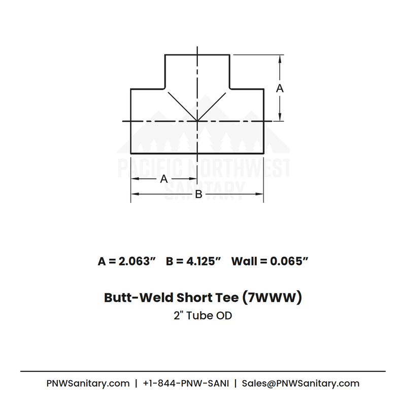 2.000" OD 16ga Short Tee Butt-Weld - (7WWW) - Polished OD/ID - 316L Stainless