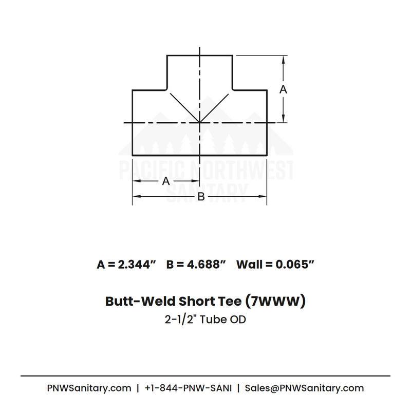 2.500" OD 16ga Short Tee Butt-Weld - (7WWW) - Polished OD/ID - 316L Stainless