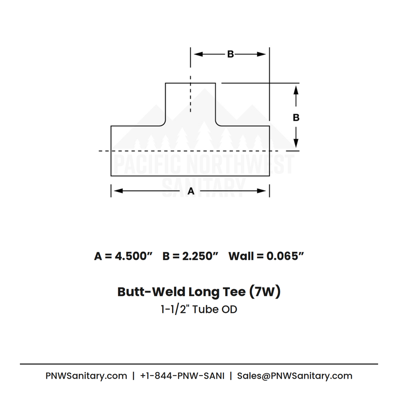 1.500" OD 16ga Long Tee Butt-Weld - (7W) - Polished OD/ID - 304 Stainless