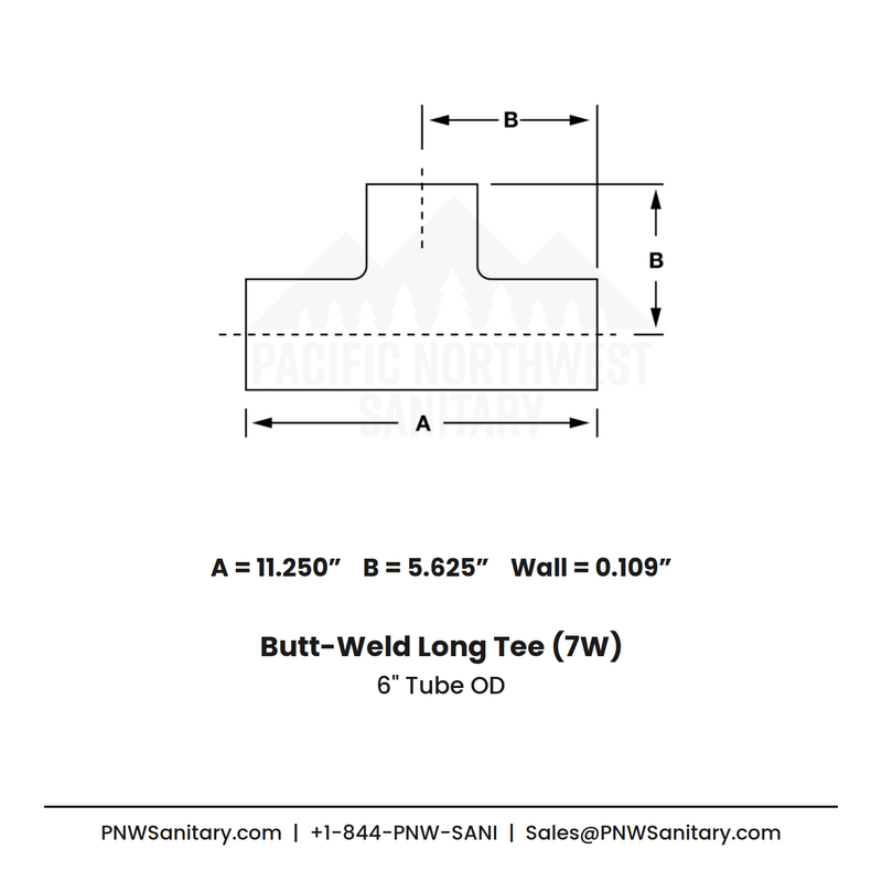 6.000" OD 12ga Long Tee Butt-Weld - (7W) - Polished OD/ID - 316L Stainless