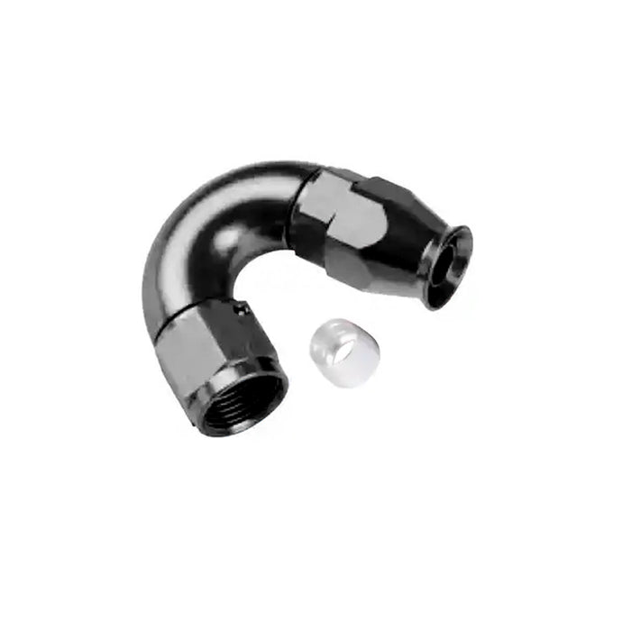 -8AN Full Flow 150° Hose End (for PTFE Hose), Swivel Style, Black Hard Anodized Aluminum