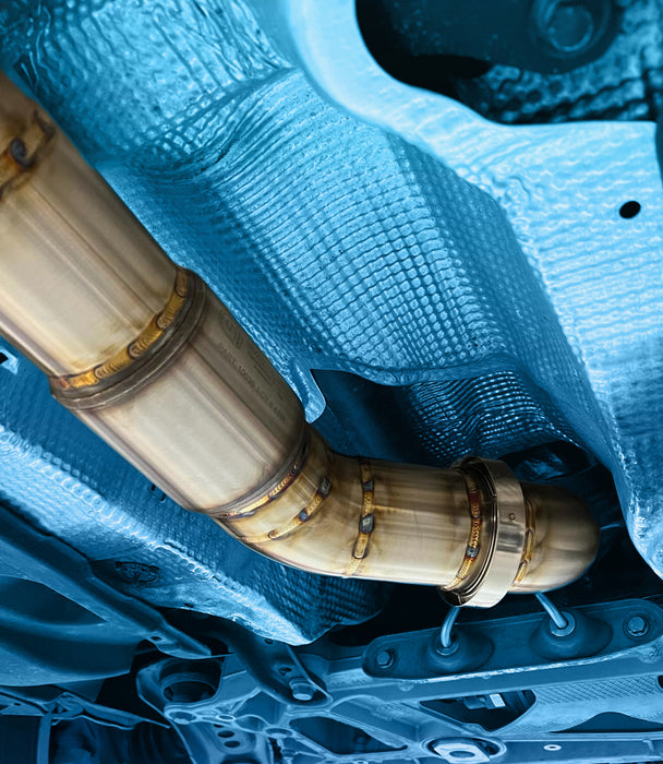G-Sport Gen2 catalytic converters installed in dual exhaust, underbody view | Ace Race Parts