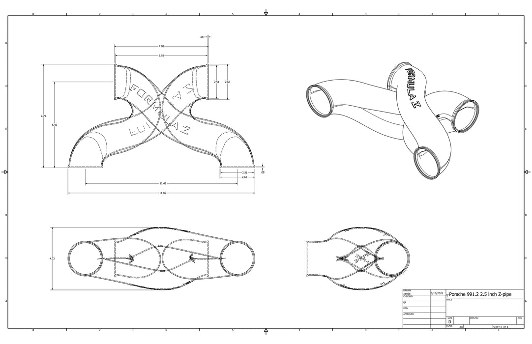 Z-Pipe - Porsche 991.2 Carrera Specific Center Exit - 2.500" ID Inlet/Outlet - 316L Stainless