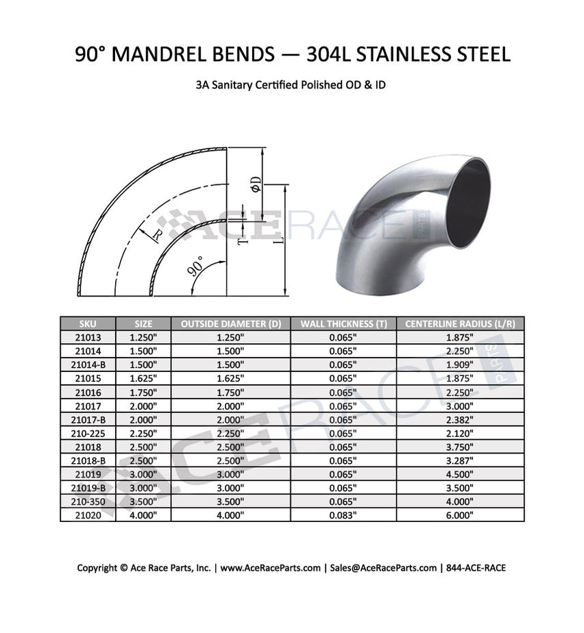 90° Tight Radius Mandrel Bends 3" 16ga 304L StainlessSteel Ace