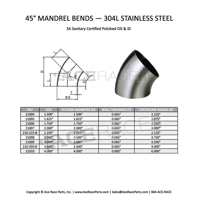 1.625" 16ga 45° Mandrel Bend 304L Stainless - Ace Race Parts
