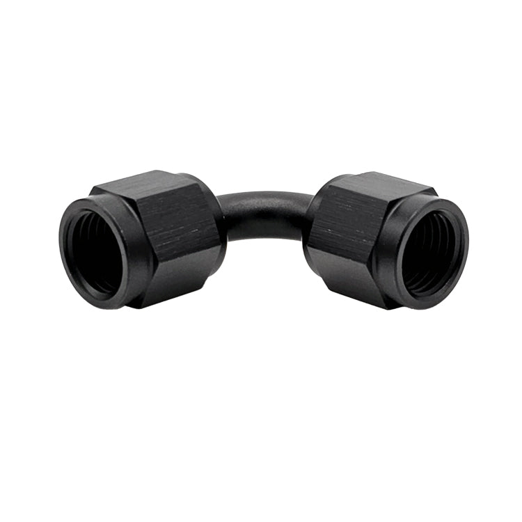 -10AN Female AN Flare Union 90° Adapter, Swivel Style, Black Hard Anodized Aluminum