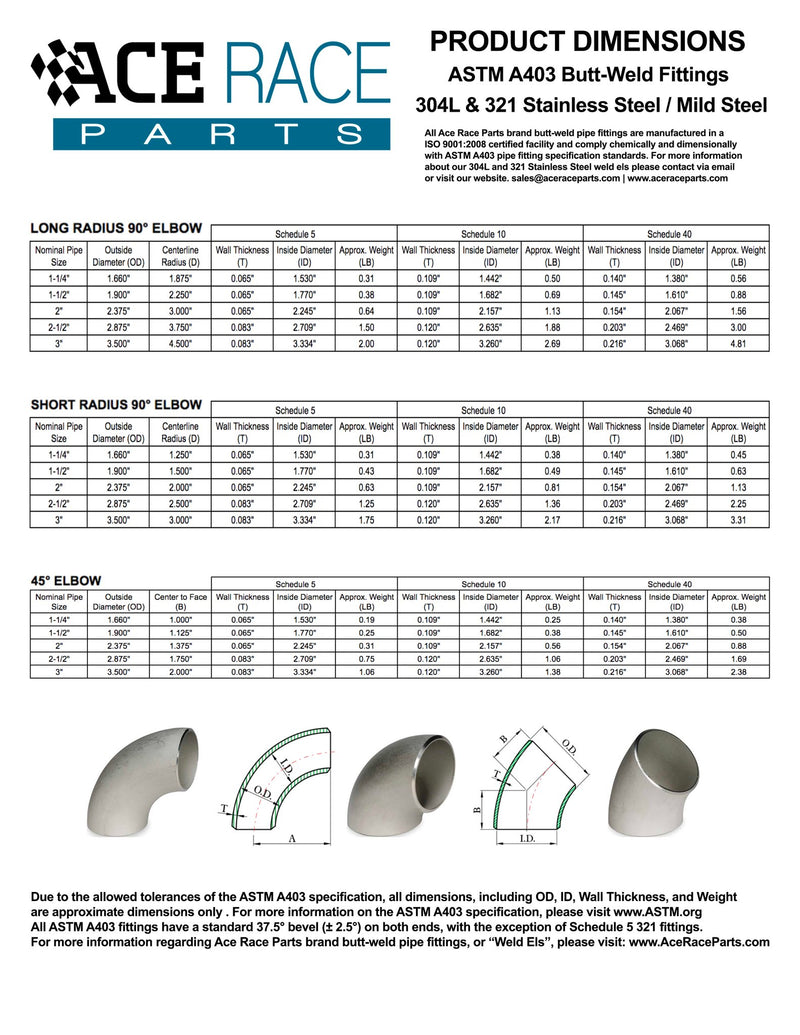 Nominal Pipe Size Chart | Turbo Manifold Weld Els | Ace Race Parts